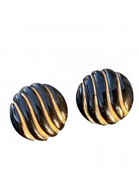 Jewelry - Vintage Onyx Oval Stud Earrings w/14K Solid Gold Inlay Posts & Backs 3/4” 8g